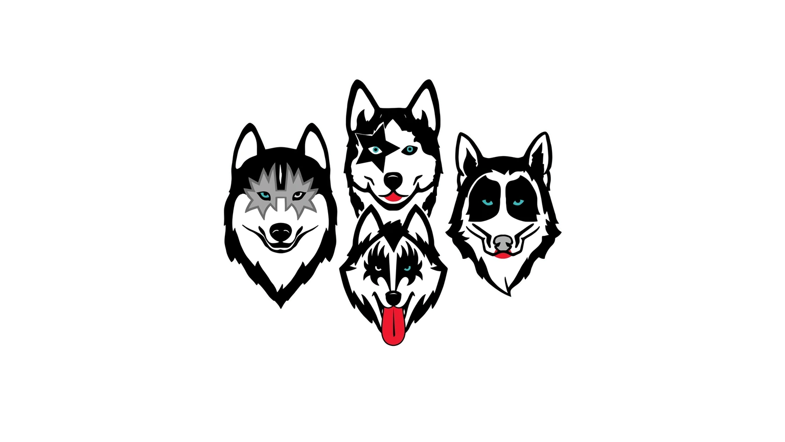 Four huskies with KISS-style face makeup, the HUSKISS band